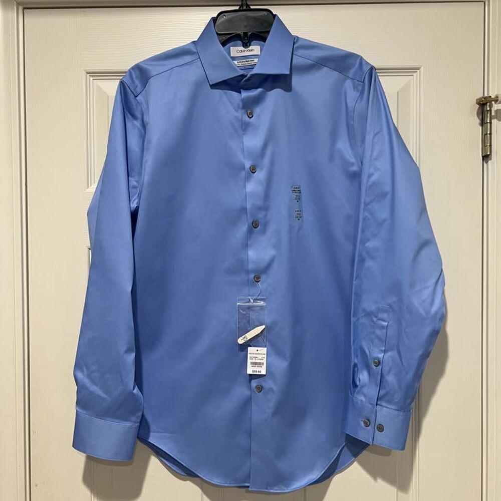 NWT Calvin Klein Infinite Non-Iron Slim Fit Stretch Blue Dress Shirt 15.5-32/33